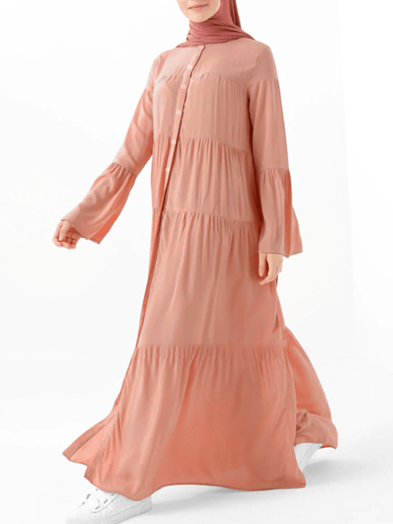 Women Tiered Button up O-Neck Pleated Casual Flare Sleeve Maxi Swing Dresses - MRSLM