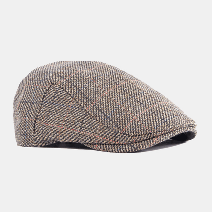 Men Cotton Colored Lattice Pattern plus Velvet Warm Berets British Retro Casual Sunshade Forward Hat Newsboy Hat - MRSLM