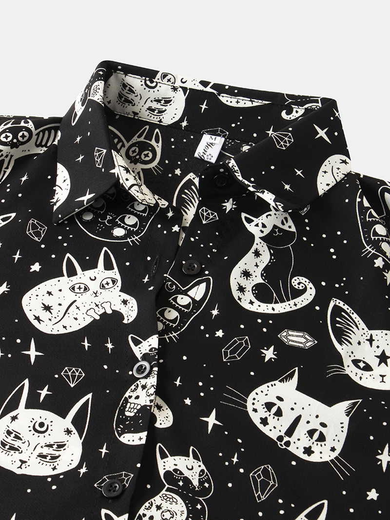 Women Casual Cartoon Cat Funny Print Turn-Down Collar Long Sleeve Button Shirts - MRSLM