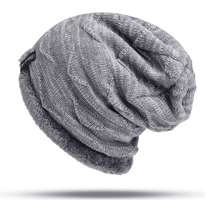 Mens plus Velvet Knitted Stripe Beanie Hats Outdoor Winter Warm Skullcap Beanie - MRSLM