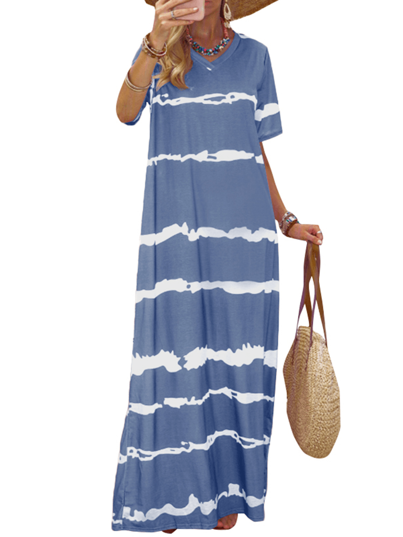 Bohemian Stripe Printed Clash Color Splicing Design V-Neck Dress - MRSLM