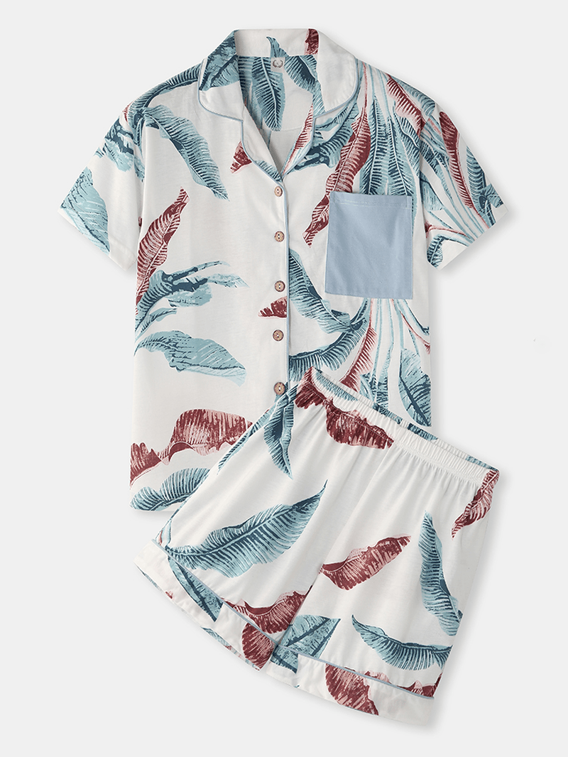 Women Tropical Plant Leaves Print Button up Revere Collar Short Sleeve Home Casual Pajama Set - MRSLM