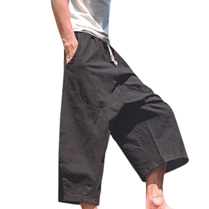 Mens Cotton Linen Loose Casual Calf-Length Harem Pants - MRSLM