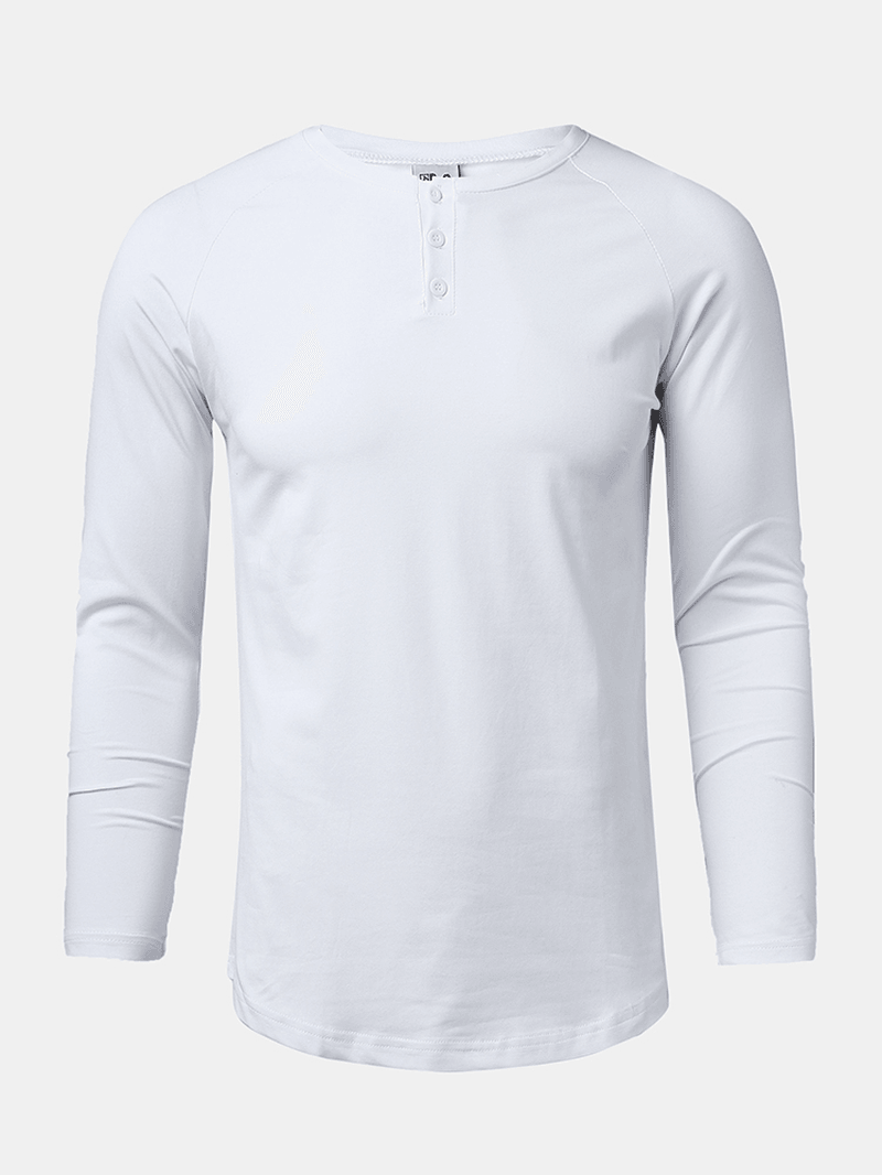 Mens Cotton Solid Color Button round Neck Long Sleeve Basic T-Shirt - MRSLM