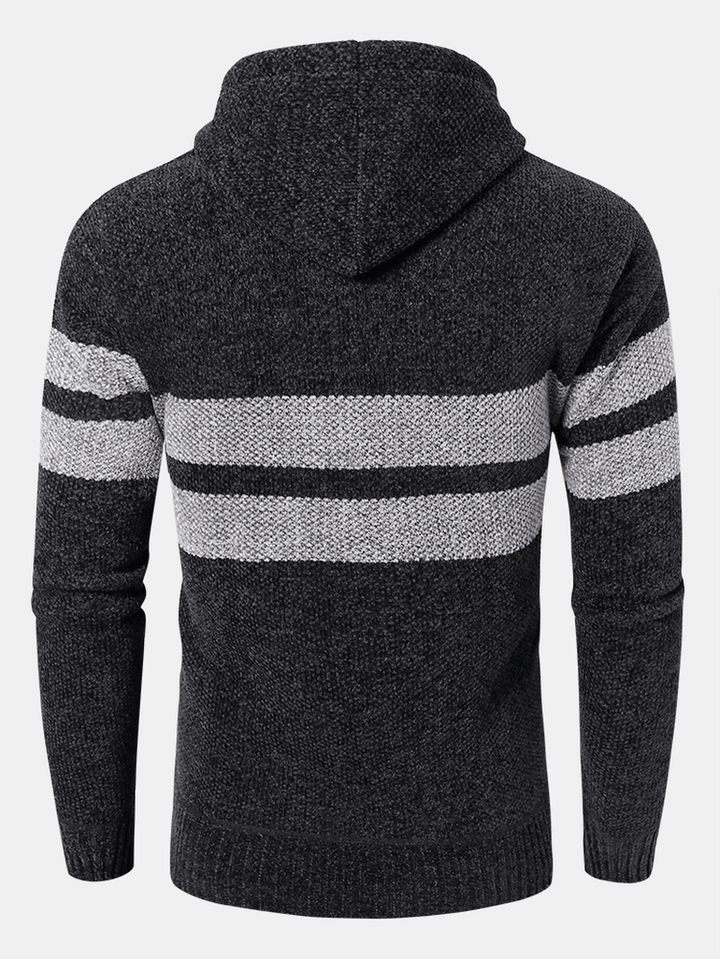 Mens Colorblock Knitted Zipper Warm Hooded Sweater Cardigans - MRSLM