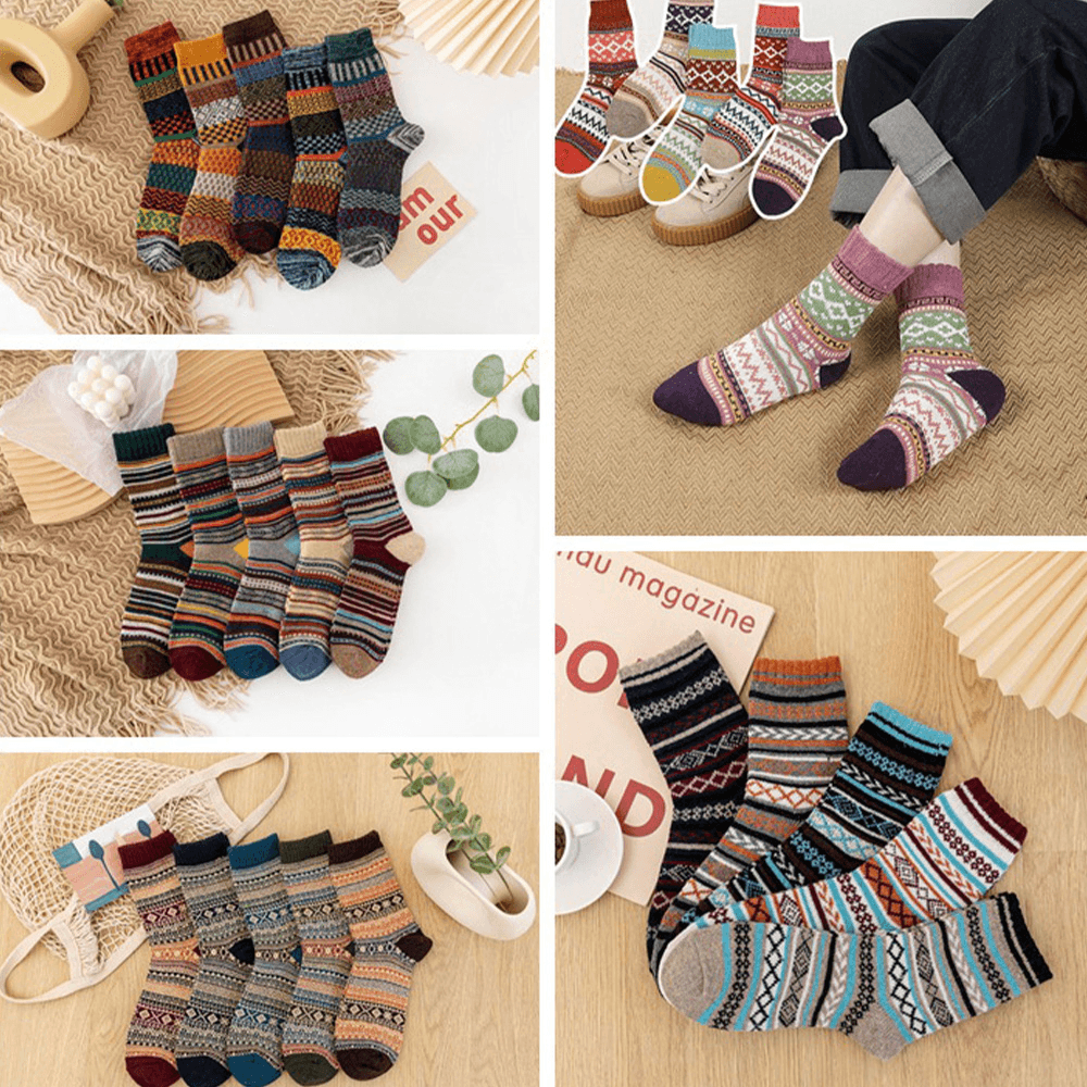 5 Pairs Men Rabbit Fur Wool Blend Geometric Striped Jacquard Color-Match Thicken Warmth Socks - MRSLM