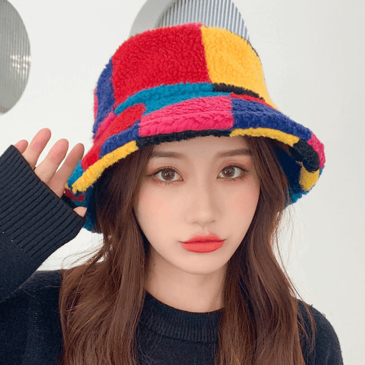 Women Lamb Fur Color Stitching Lattice Bucket Hat Winter Thicken Warm Windproof Fluffy Fisherman Caps - MRSLM