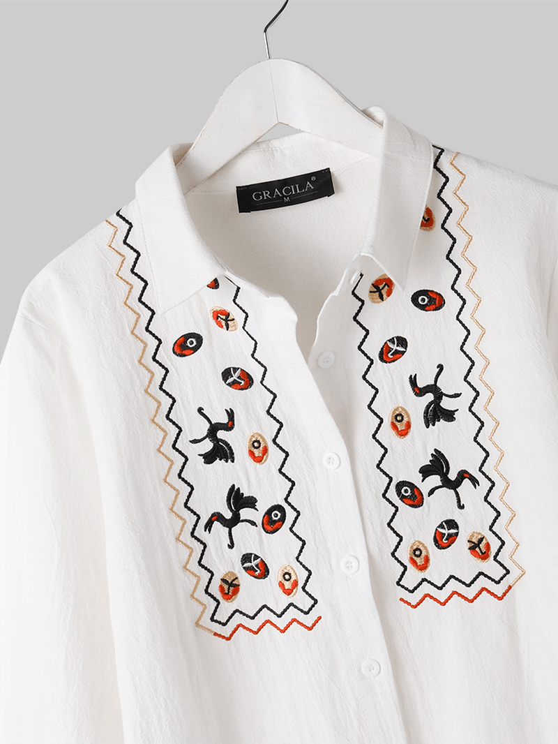 Women White Lapel Ethnic Embroidery Daily Casual Long Sleeve Shirts - MRSLM