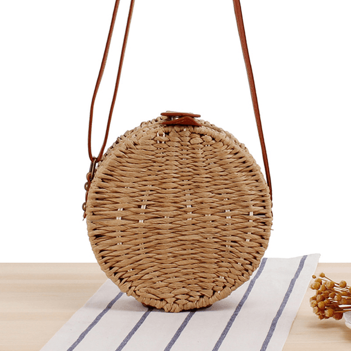 Women round Woven Straw Crossbody Bag Solid Beach Bag - MRSLM