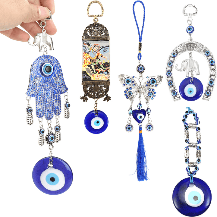 Turkish Blue Evil Eye Horseshoe with Elephant and Ribbon Wall Hanging Decorations ☆ - MRSLM