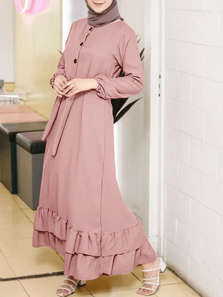 Women Long Sleeve Solid Ruffles Hem Abaya Kaftan Pleats Button Midi Dresses - MRSLM