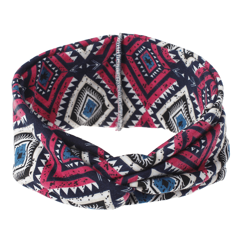 Women Bohemian Style Diamond Lattice Pattern Casual Outdoor Headdress Elastic Cross Tie Wide Brim Headband - MRSLM