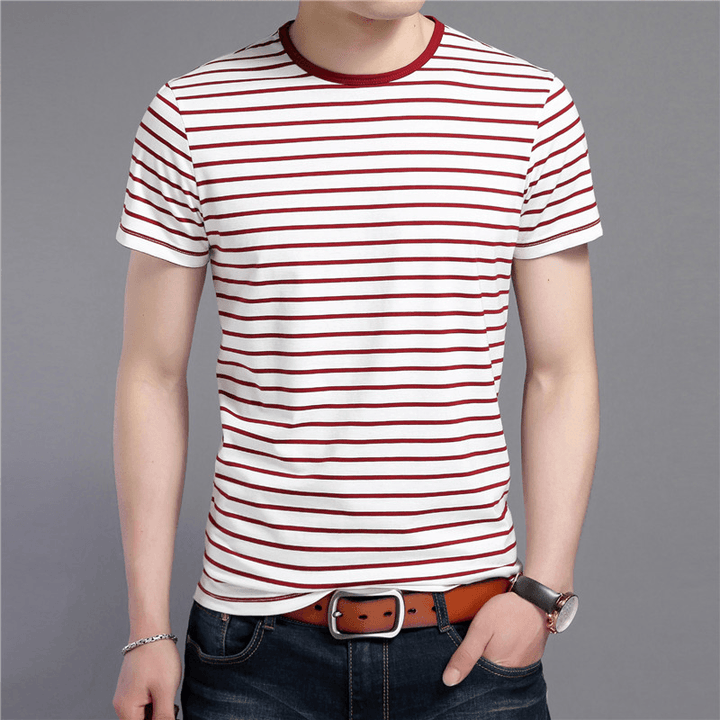 Round Neck Pullover Men'S Short-Sleeved T-Shirt Korean Style Slim Men'S Stripes - MRSLM