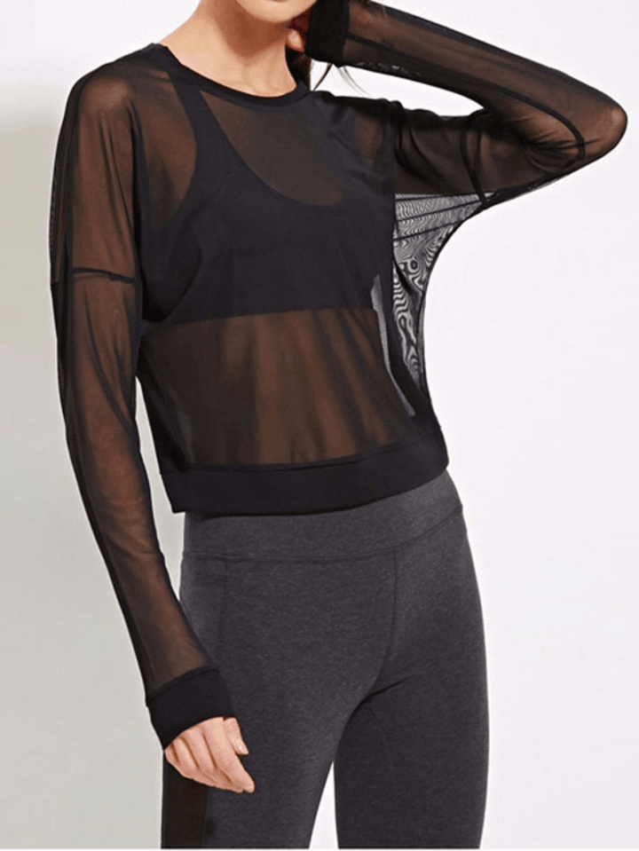 Women Black Mesh See through Long Sleeve Shirt Casual Blouse - MRSLM