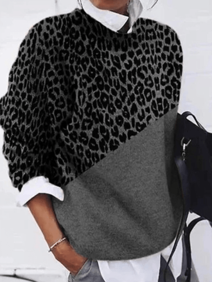 Women Leopard Print Patchwork round Neck Long Sleeve Pullover Casual Sweaters - MRSLM