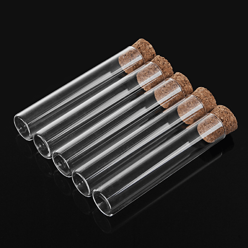 5Pcs 20X100Mm Glass Test Tube Flat Bottom Sample Seal Tube with Wooden Stopper Lab Glassware - MRSLM