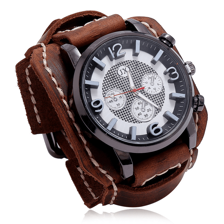 Deffrun Fashionable Cow Leather Band Men Wrist Watch Stereoscopic Numerals Design Quartz Watch - MRSLM