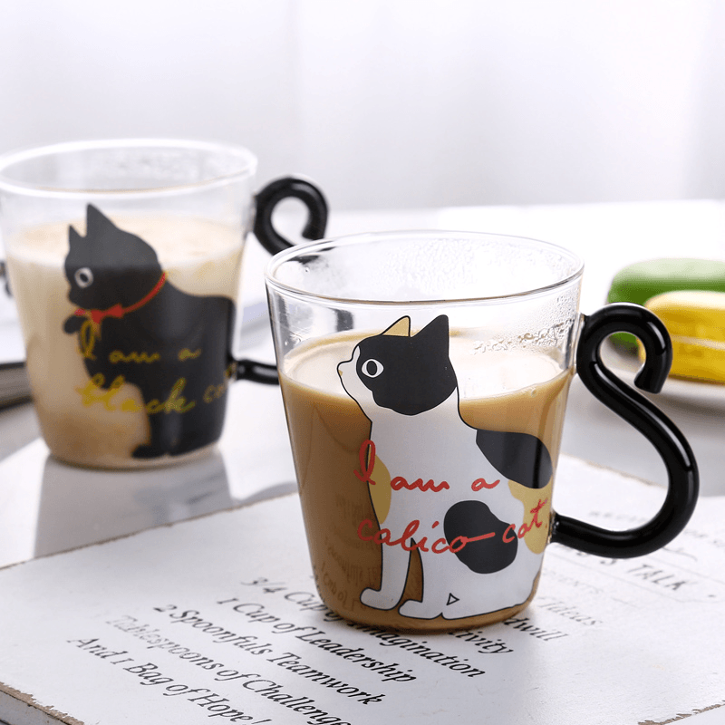 Cat Glass Cartoon Children'S Cup Creative Handle Coffee Cup Single-Layer Transparent Juice Drink Cup - MRSLM