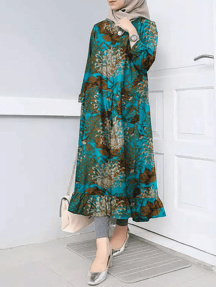 Women Flora Print Ruff Hem O-Neck Casual Bohemian Abaya Kaftan Shirt Dress with Pocket - MRSLM