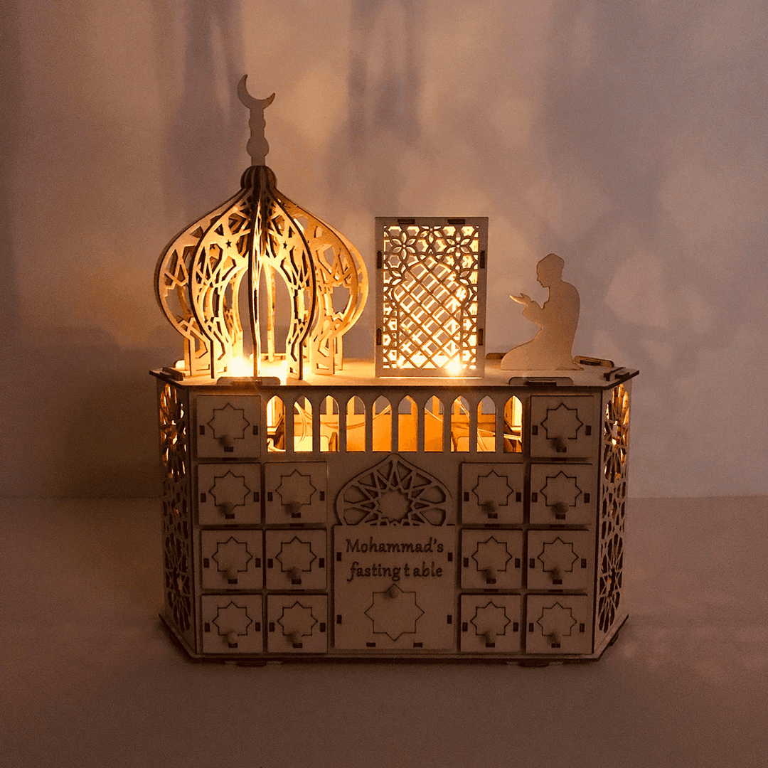 Wooden Mubarak Ramadan Advent Calendar 30 Day House Drawer LED Decor - MRSLM