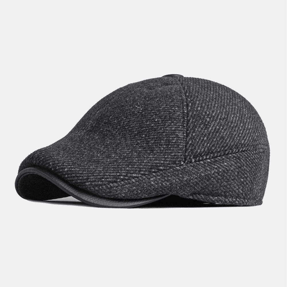 Men Winter Warm Ear Protection Woolen Beret Cap British Retro Short Brim Adjustable Forward Hat Painter Cap - MRSLM