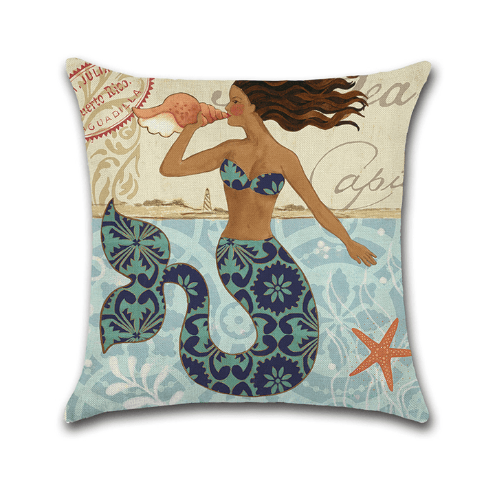 Cartoon Mermaid Printed Cotton Linen Square Cushion Cover House Sofa Car Decor Pillow Case - MRSLM