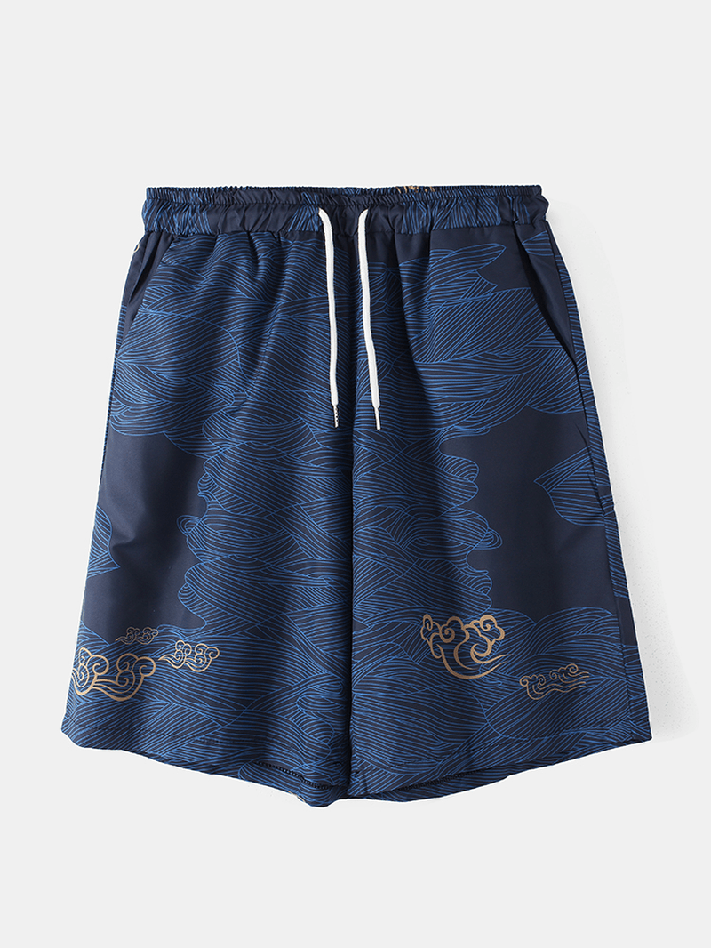 Mens Chinese Style Printed Drawstring Pocket Loose Shorts - MRSLM