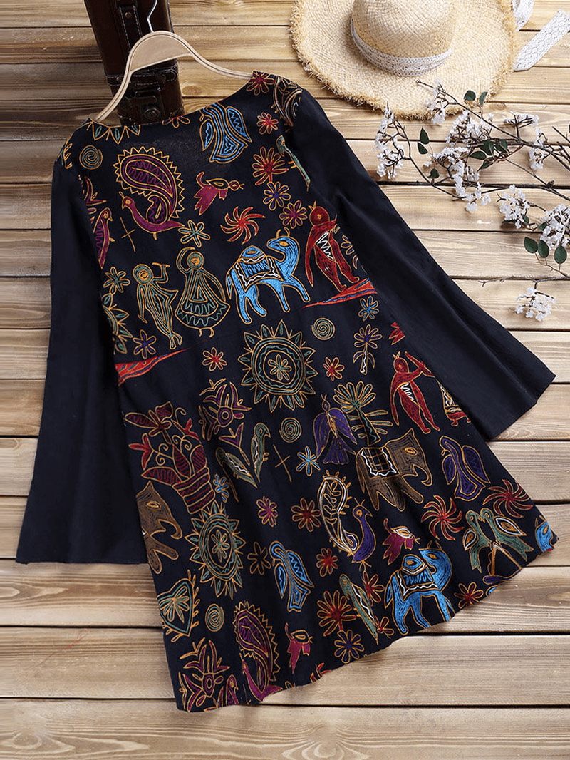 Ethnic Women Vintage Folk Style Print Long Sleeve Blouse - MRSLM