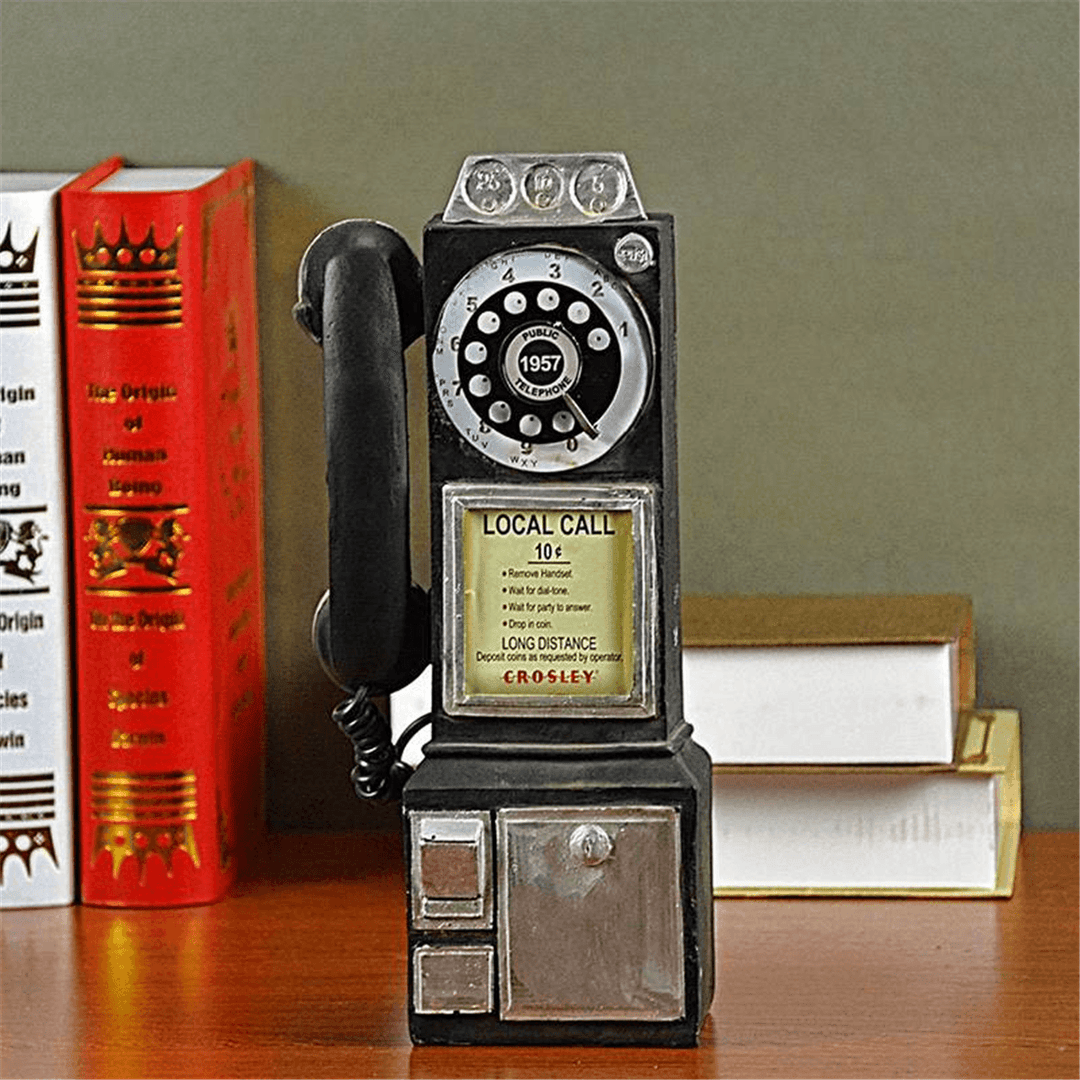 30Cm Black Vintage Rotary Dial Telephone Statue Model Phone Booth Figurine Decorations - MRSLM