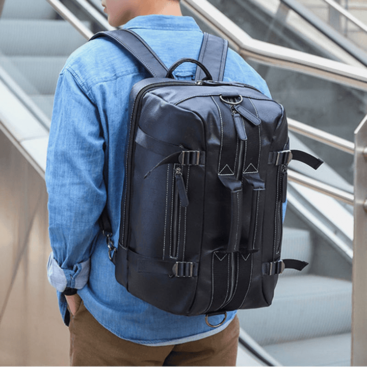 Men Multi-Purpose PU Leather Backpack 15.6 Inch Large Capacity Multi-Pocket Laptop Bag Handbag Crossbody Bags - MRSLM