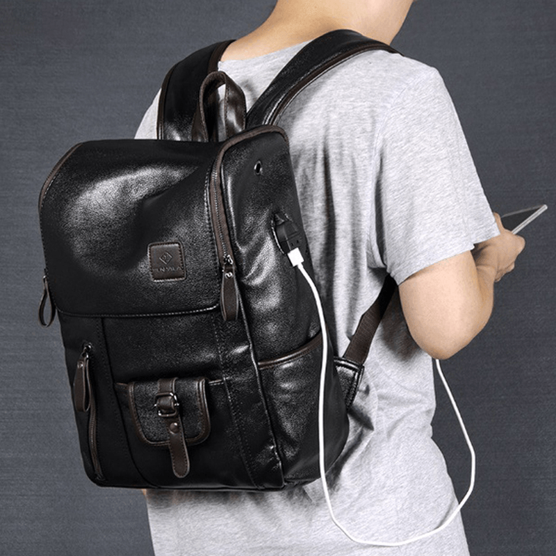 Men PU Leather Solid Vintage Large Capacity Backpack USB Charging Shoulder Bag - MRSLM