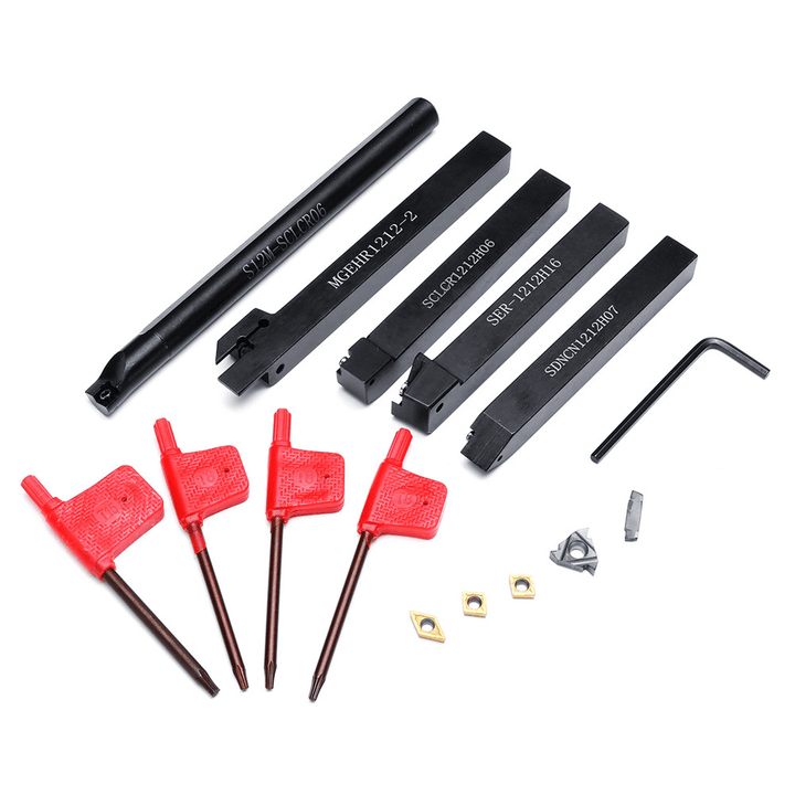 5Pcs 12Mm Shank Turning Tool Holder Set with Inserts Blade Wrench for Bench Lathe CNC - MRSLM