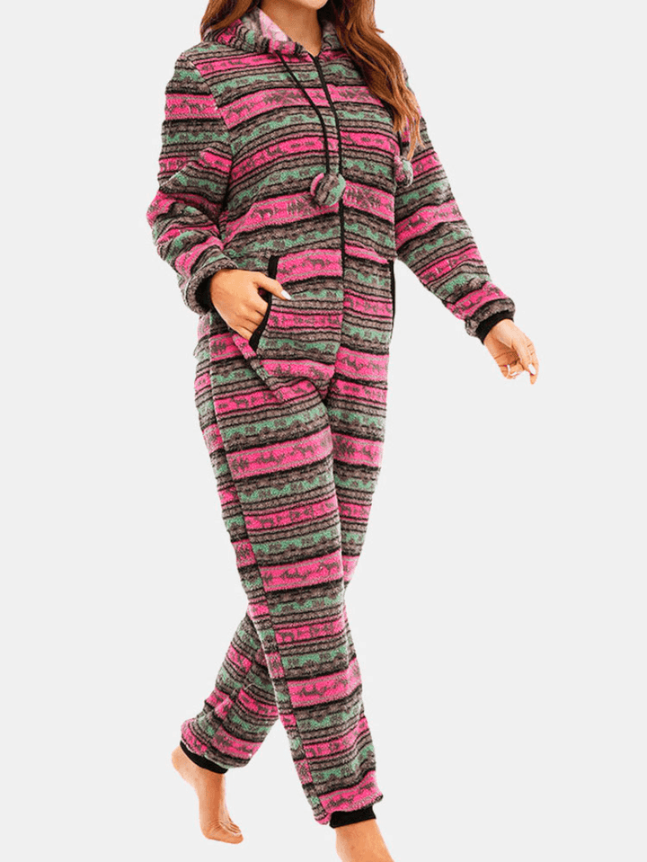 Women Christmas Fleece Striped Home Drawstring Long Sleeve One Sets Hooded Pajamas - MRSLM