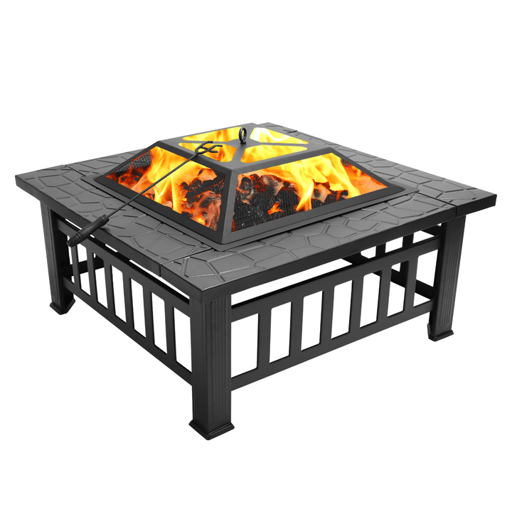 Outdoor Portable 32'' Metal Fire Pits Camping BBQ Square Table Backyard Patio Garden Stove Wood Burning Fireplace - MRSLM