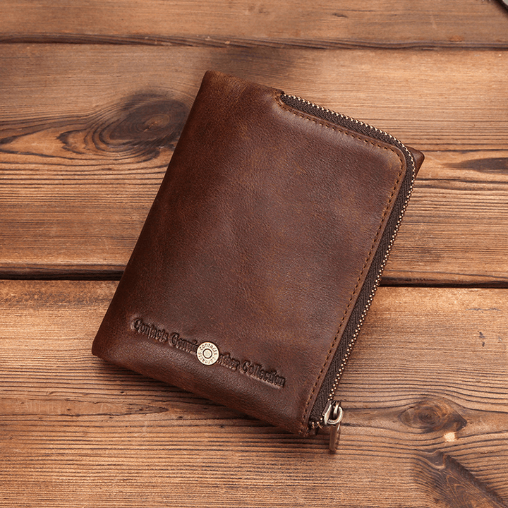 Men Genuine Leather RFID Anti-Theft Retro Business Durable Zipper Multi Card Slots Card Holder Wallet - MRSLM