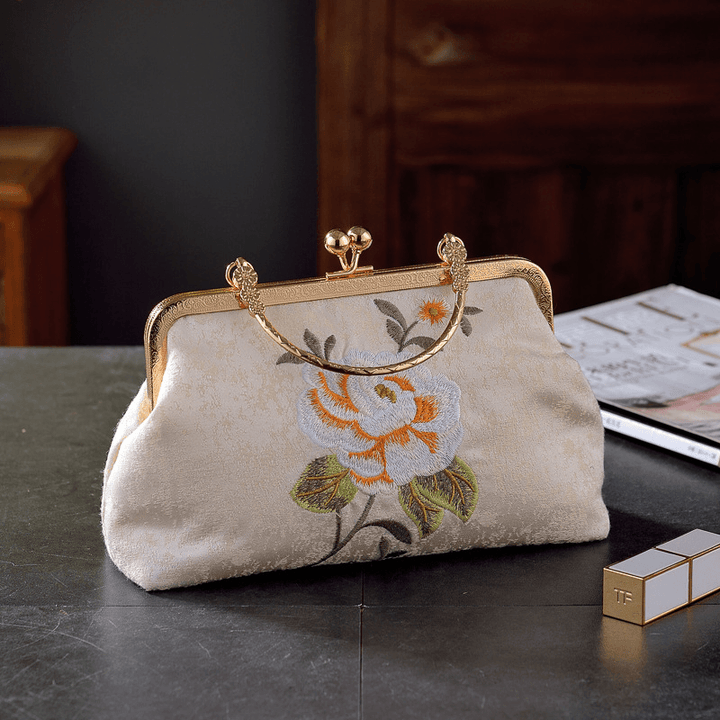 Women Elegant Chinese Style Flower Pattern Embroidery Handbag Exquisite Hardware Design Fine Texture Fabric Cheongsam Clutch Bag - MRSLM