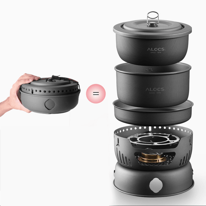 ALOCS CW-C05 10Pcs/Set 2-4 Person Outdoor Cookware Camping Alcohol Cooking Stove Cook Set for Camping Hiking Picnic Stove with Gripper Pot - MRSLM