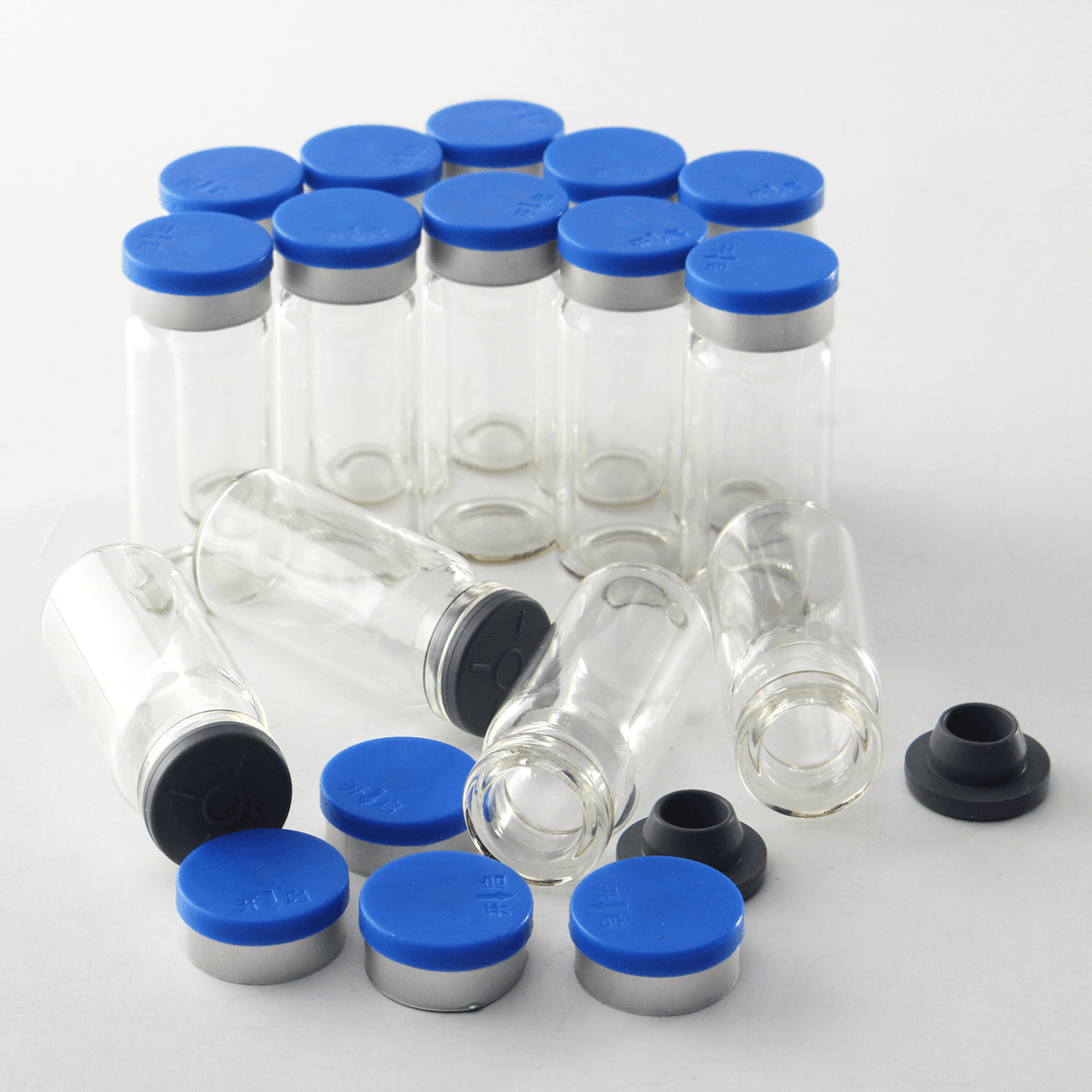 100Pcs 10Ml Clear Glass Bottle Storage Vials W/ Stopper Flip off Seals Aluminum Blue Caps - MRSLM