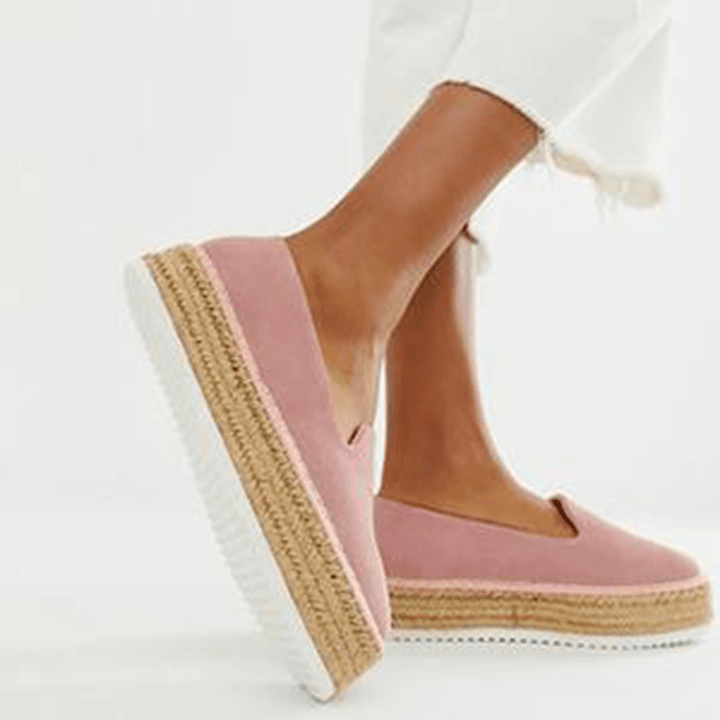 Women Suede Espadrilles Straw Braided Platform Loafers - MRSLM