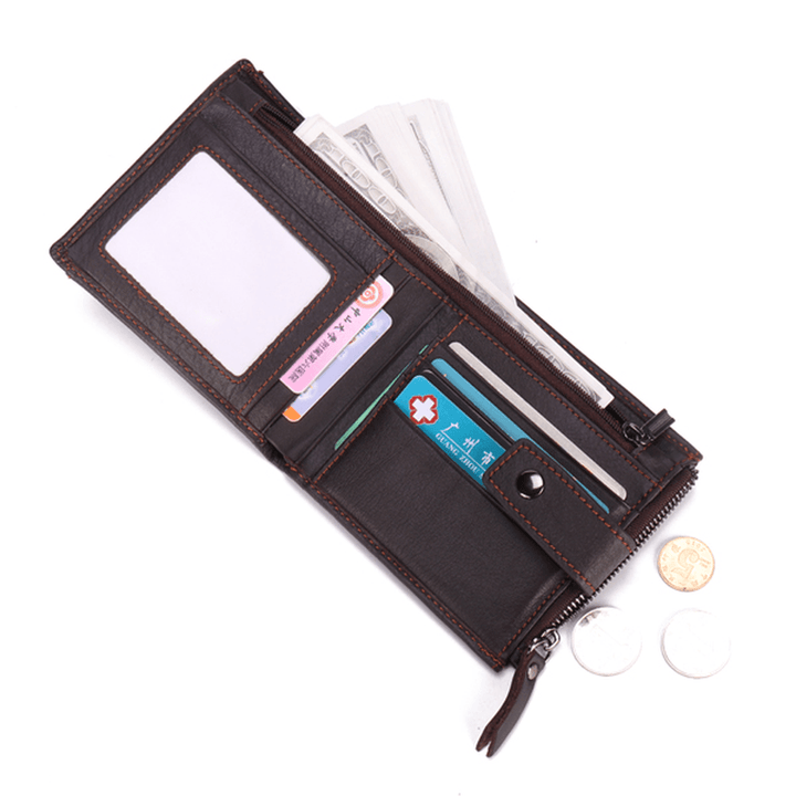 Men Genuine Leather Short Wallet Vintage Card Holder Zipper Credit Card Wallet with 12 Card Slots - MRSLM