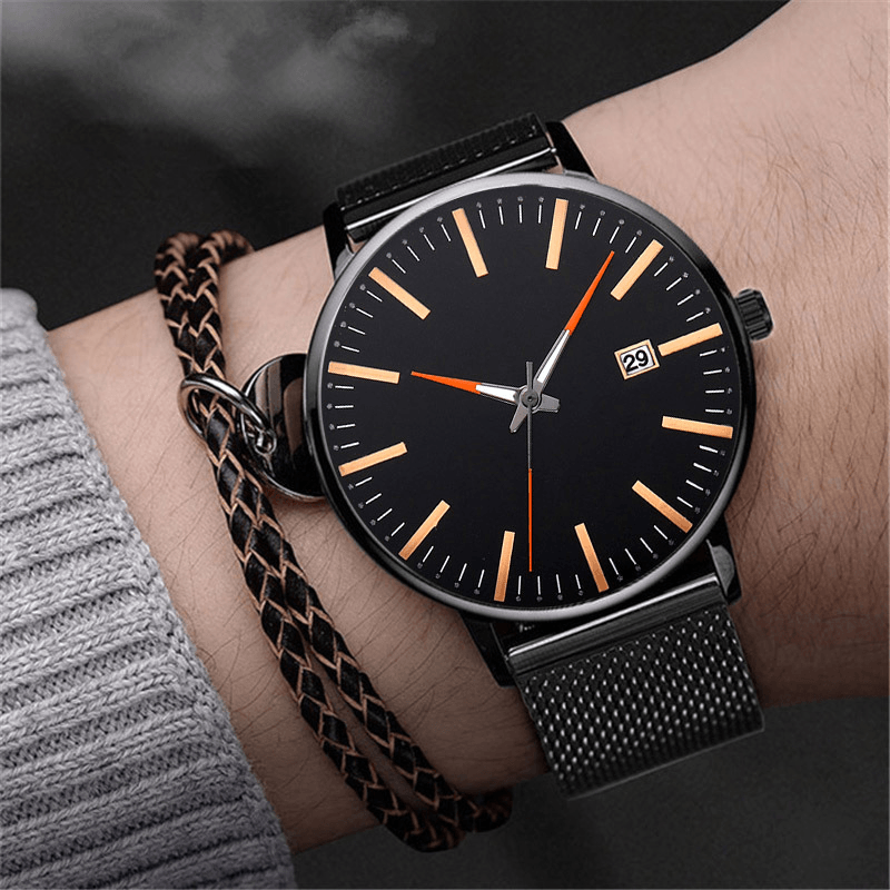 Fashion Casual Men Business Watch Decorated Alloy Strap Pointer Calendar Quartz Watch - MRSLM