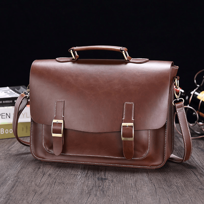 Men Vintage Waterproof Wear-Resistant Faux Laether Business Briefcase Crossbody Shoulder Bag - MRSLM