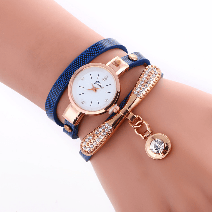 Casual Women Watch Leather Strap Rhinestone Metal Decorative Circle Pendant Multi-Layer Quartz Watch - MRSLM