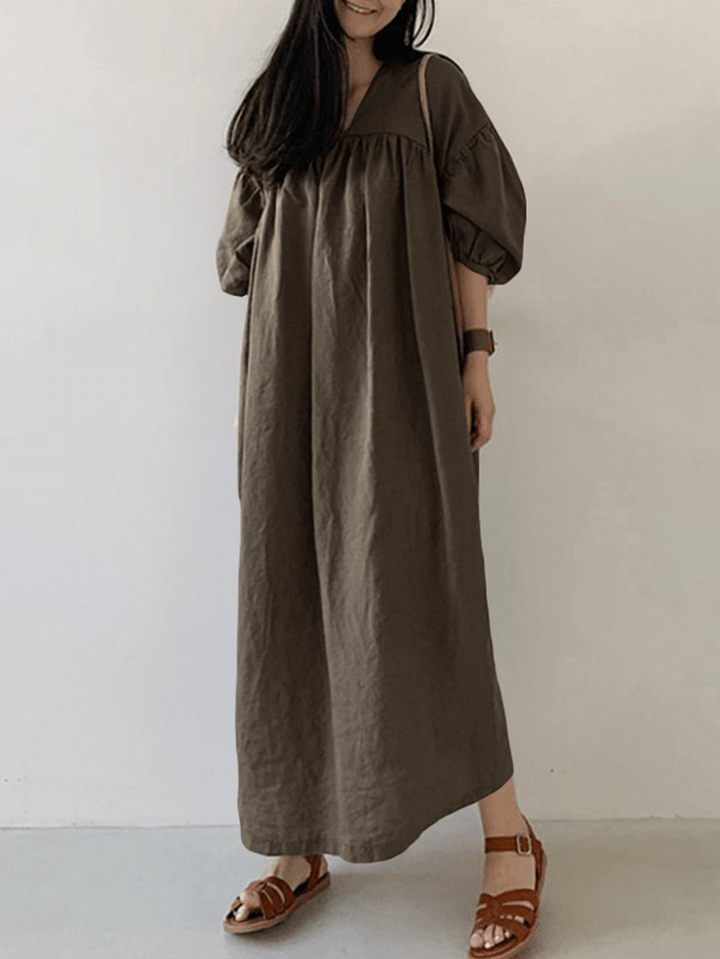 Women Cotton Solid Pleated Loose Puff Sleeve Maxi Dresses with Side Pockets - MRSLM