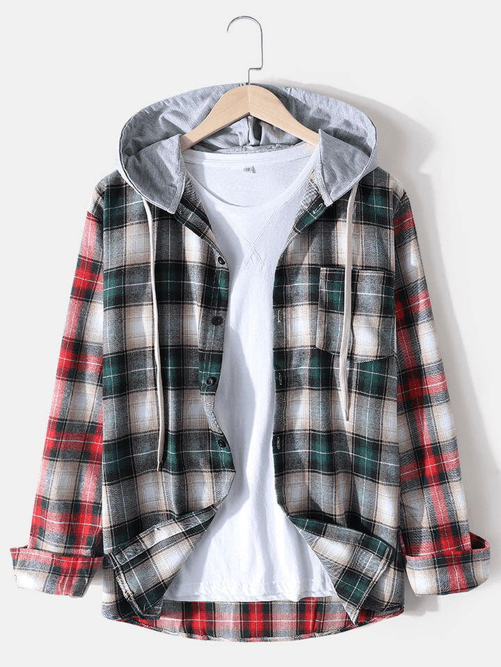 Mens Tartan Patchwork Casual Long Sleeve Drawstring Hooded Shirts with Pocket - MRSLM