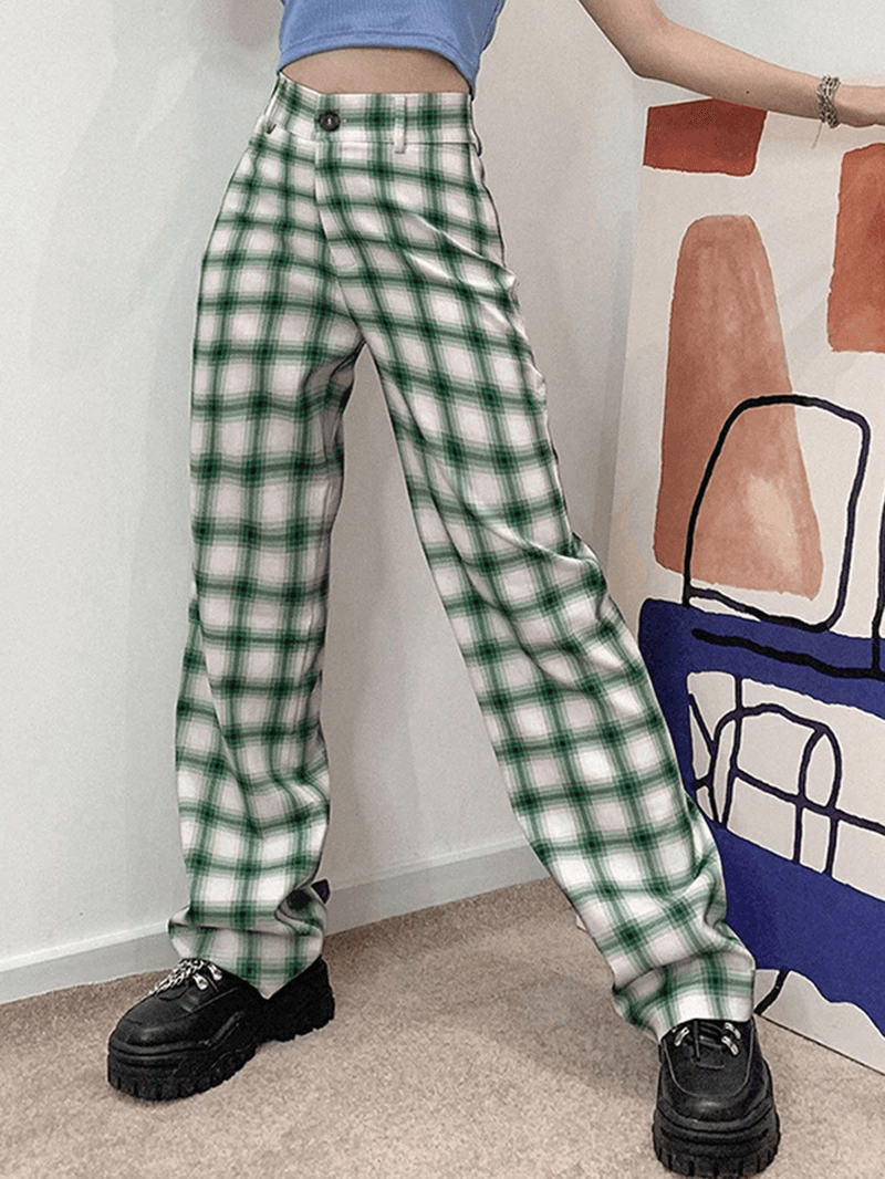 Women Plaid Print Hight Waist Zipper Fly Suit Trousers Wide Leg Pants - MRSLM