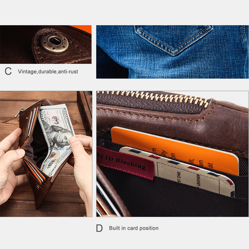 Men Genuine Leather RFID Anti-Theft Retro Business Durable Zipper Multi Card Slots Card Holder Wallet - MRSLM