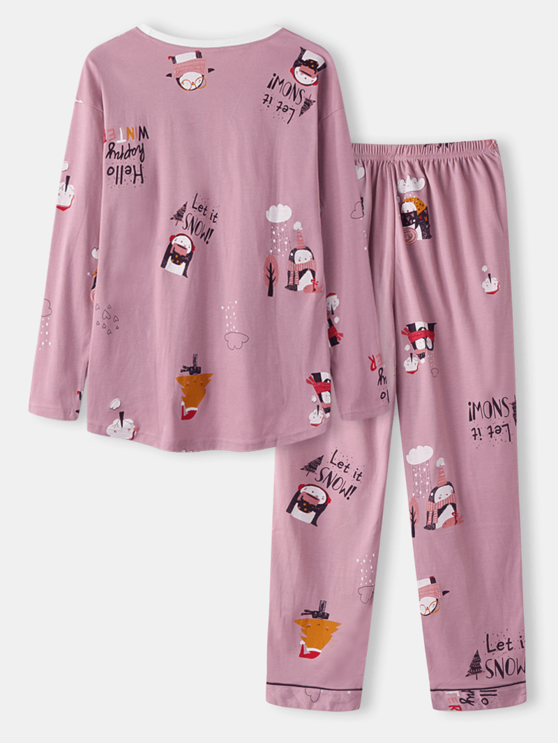 Women Cute Cartoon Pattern Print O-Neck Two-Piece Loose Home Pajamas Sets - MRSLM