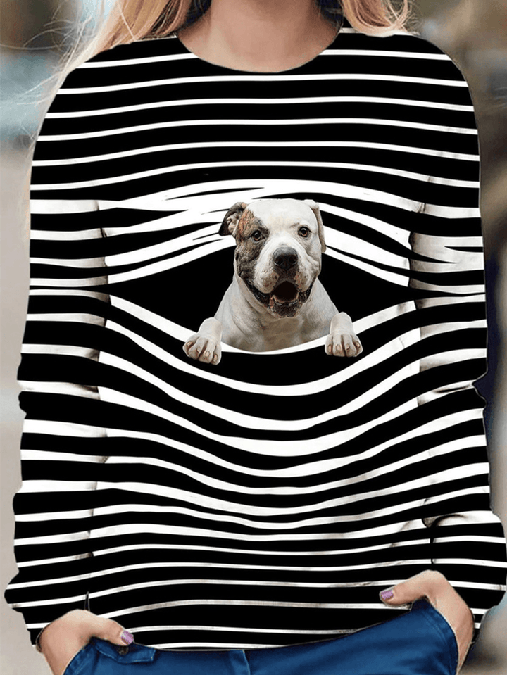 Women 3D Dog & Stripe Print O-Neck Pullover Casual Sweatshirts - MRSLM