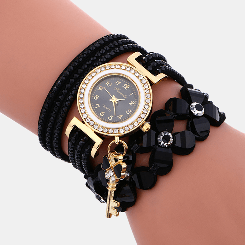 Fashion Crystal Circle Bracelet Women Watch Simple Dial Flowear Patterns Quartz Watch - MRSLM